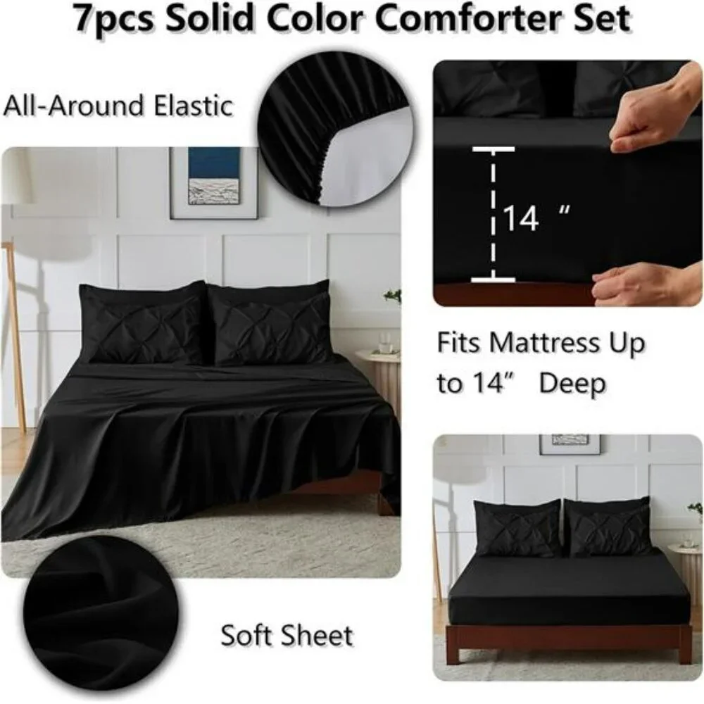 HIMEET Queen Comforter Set 7 Piece Black Pinch Pleat Bed in a Bag Bedding